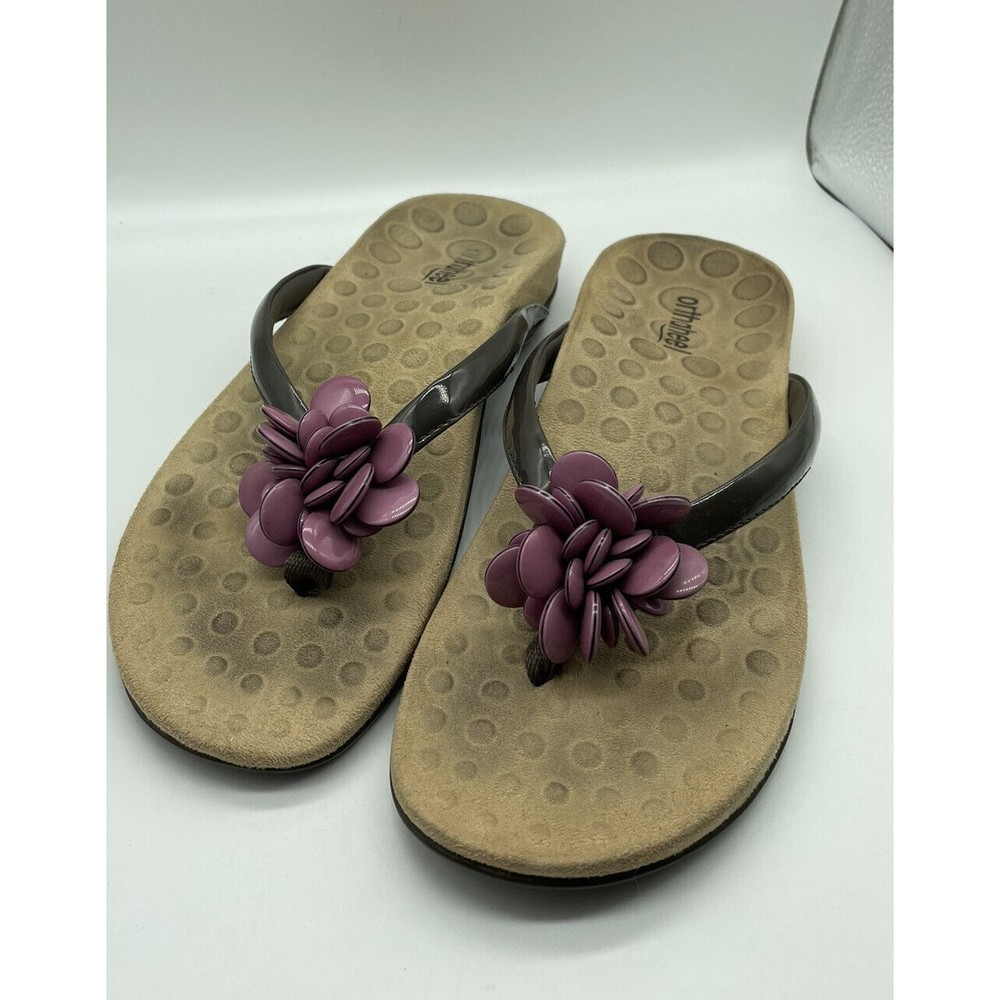 Orthaheel FLEUR Brown Patent Thong Flip Flop Sandals Purple Flower Size 8‎